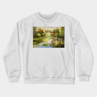 Water lilies trees pond bridge impressionist Crewneck Sweatshirt